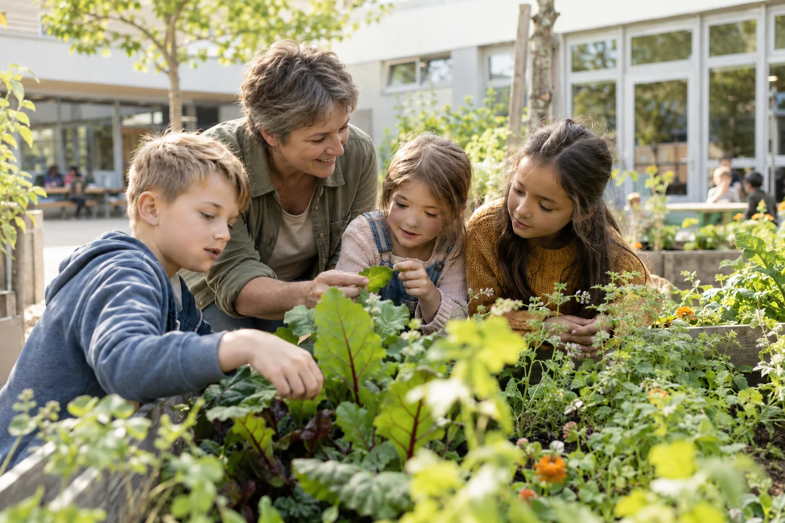Eine kurzhaarige Fachkraft und Grundschulkinder entdecken Pflanzen im Schulgarten.
