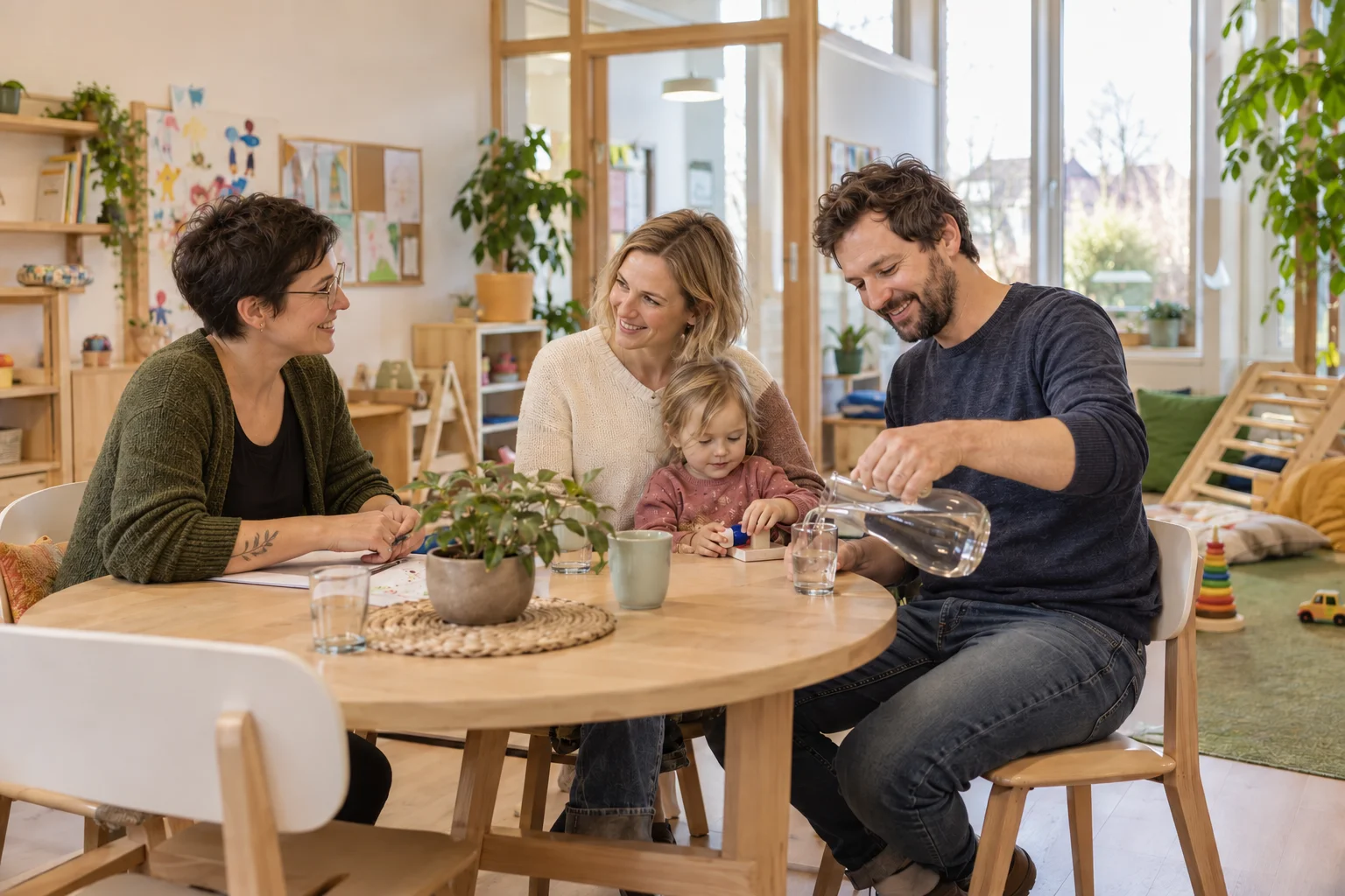 Eine kurzhaarige Mitarbeiterin spricht mit Eltern und einem Kind im Familienzentrum.