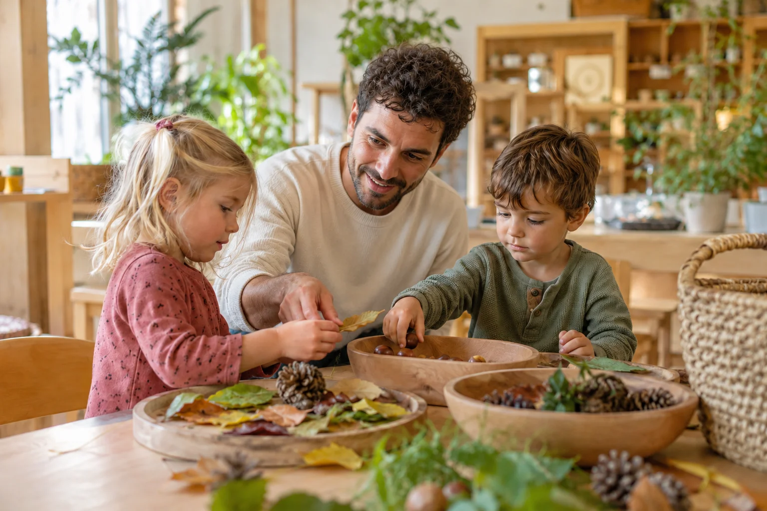 Ein Erzieher und zwei Kinder betrachten Naturmaterialien am Kita-Tisch.